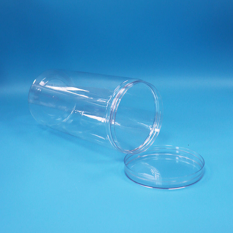 Açık PET Silindir Yuvarlak Gıda Sınıfı Plastik Şekerli Kurabiye Gıda Kavanozları Döşeme Açık Kapaklar