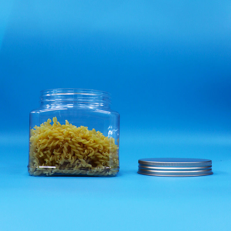 Şekerleme Gıda Atıştırmalık Gıda Sınıfı PET Şeffaf Kare Şekilli Plastik Kavanoz Alüminyum Kapak