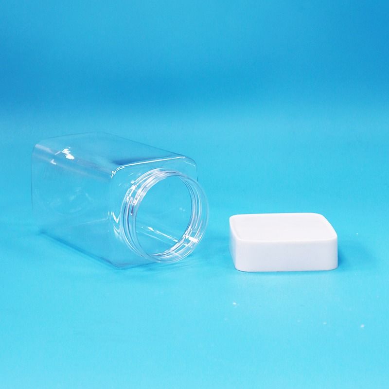 Gıda Sınıfı Şeffaf Kare Boş PET Plastik Gıda Şeker Kurabiye Reçel Kavanozu Beyaz Kapak
