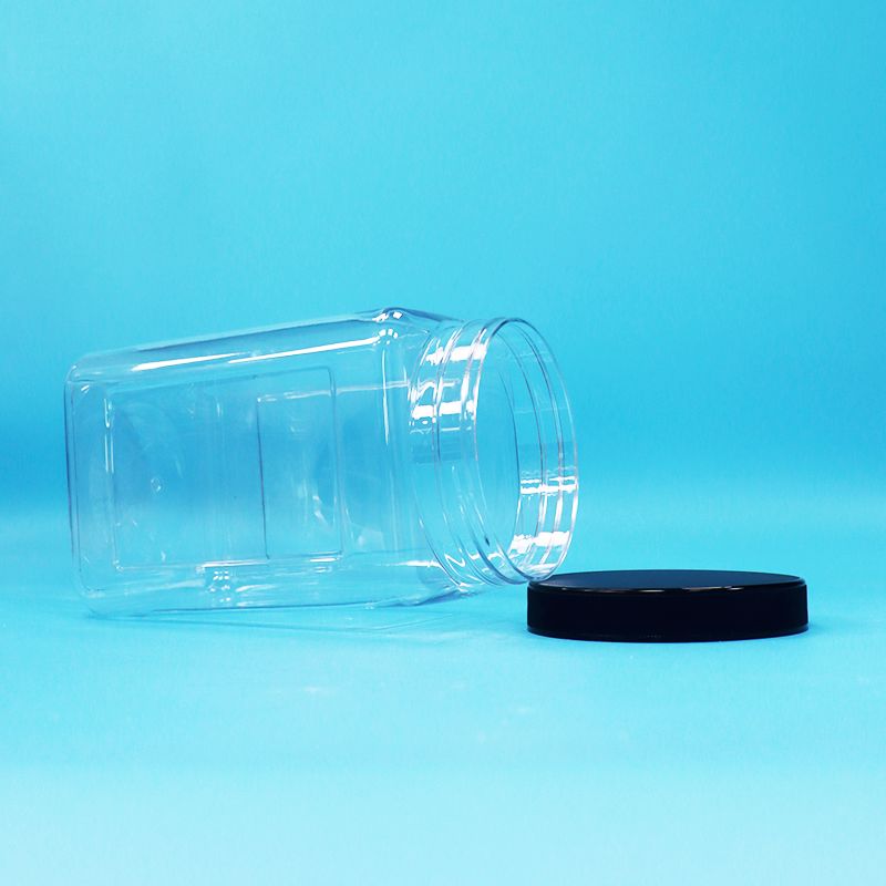 Şeffaf Kavanozlar Kare Şekil Plastik PET Siyah Kapak Yiyecek Şekerli Kurabiyeler erişte