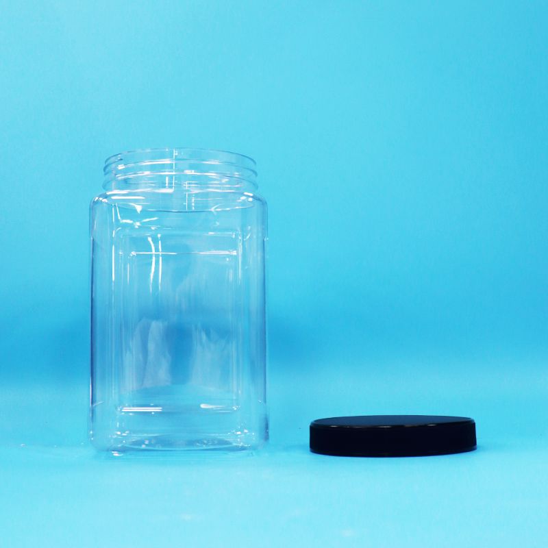 Şeffaf Kavanozlar Kare Şekil Plastik PET Siyah Kapak Yiyecek Şekerli Kurabiyeler erişte