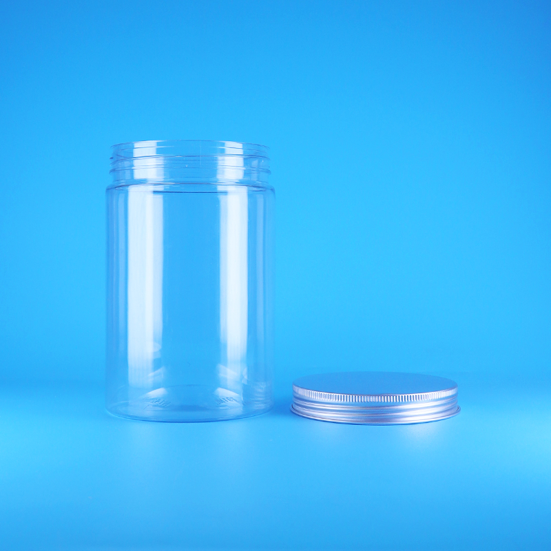 Geniş Ağızlı Şeffaf PET Plastik Kuruyemiş Gıda Şeker Uzun Yuvarlak Kavanoz Vidalı Düz Kapak