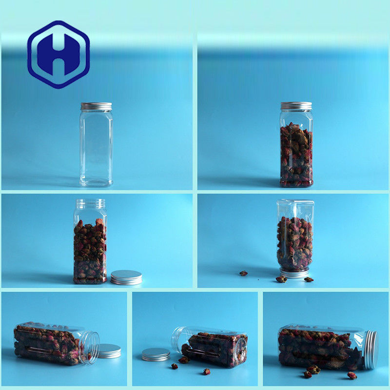580ml Kare PET Plastik Kavanoz Gıda İçin Hava Geçirmez Geniş Ağızlı Boş Alüminyum Vidalı Kapak